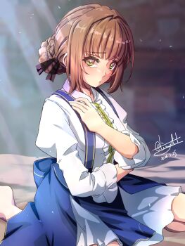 1girl absurdres antenna_hair back_bow blue_bow blurry blurry_background blush bow braid brown_hair bun_with_braided_base commentary_request dated dress duvalie eiyuu_densetsu embarrassed green_eyes hair_between_eyes hair_bun hair_intakes hair_ribbon heart highres light_rays long_sleeves looking_at_viewer on_bed puffy_long_sleeves puffy_sleeves ribbon sen_no_kiseki sen_no_kiseki_(series) sen_no_kiseki_iv short_hair signature single_hair_bun sitting solo sunbeam sunlight tinybiard translation_request twitter_username