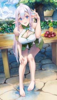 1girl absurdres apple armlet bare_legs bare_shoulders barefoot blue_eyes blue_gem blue_sky braid breasts brooch center-flap_bangs cleavage cleavage_cutout clothing_cutout cloud cloudy_sky cobblestone collared_shirt commentary_request double-parted_bangs elf feet fingernails food fruit gem green_skirt grey_hair hair_between_eyes hair_ornament hairclip hand_on_own_knee hand_up highres isekai_nonbiri_nouka jewelry large_breasts leaning_forward legs long_hair looking_at_viewer low-tied_sidelocks pineapple pointy_ears ria_(isekai_nonbiri_nouka) shirt sidelocks single_braided_sidelock single_sidelock sitting sitting_on_table skirt sky sleeveless sleeveless_shirt smile solo suou_makoto table thighs toenails toes tree upper_body very_long_hair wooden_table