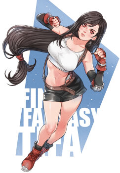 1girl bare_legs black_hair black_sleeves black_socks blush boots breasts character_name clenched_hands collarbone copyright_name crop_top crylin6 detached_sleeves earrings final_fantasy final_fantasy_vii fingerless_gloves floating_hair full_body glint gloves hands_up jewelry knees large_breasts legs lips long_hair looking_at_viewer low-tied_long_hair midriff miniskirt navel parted_lips pencil_skirt red_boots red_eyes red_gloves ribbed_socks single_earring skirt socks solo suspender_skirt suspenders tank_top thighs tifa_lockhart white_tank_top