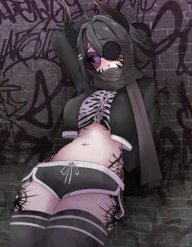 Rule 34 | 1girl, absurdres, black hair, black jacket, black sclera, black shorts, breasts, brick wall, closed mouth, colored sclera, commentary, commission, cowboy shot, crop top, cropped jacket, dolphin shorts, english commentary, graffiti, hair ornament, hair over one eye, highres, hip tattoo, jacket, large breasts, leaning back, leg tattoo, looking at viewer, mayoa, navel, one eye covered, original, parted bangs, purple eyes, round eyewear, short hair, short shorts, shorts, skull hair ornament, smile, solo, stomach, sunglasses, tattoo, tongue, tongue out