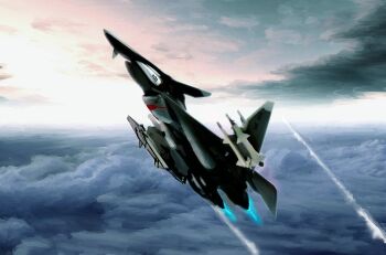 aircraft airplane cloud contrail fighter_jet flying highres military military_vehicle missile no_humans pilot realistic science_fiction sentou_yousei_yukikaze sky variable_fighter vehicle_focus yukikaze_supersylph