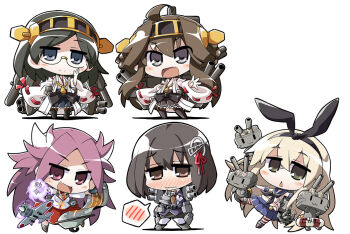 10s 5girls adjusting_eyewear akaneya black_hair black_legwear blonde_hair brown_eyes brown_hair chibi glasses haguro_(kancolle) japanese_clothes jun&#039;you_(kancolle) kantai_collection kirishima_(kancolle) kongou_(kancolle) multiple_girls nontraditional_miko pantyhose personification pleated_skirt purple_eyes purple_hair rensouhou-chan ribbon_trim school_uniform serafuku shimakaze_(kancolle) skirt spoken_blush thighhighs white_background