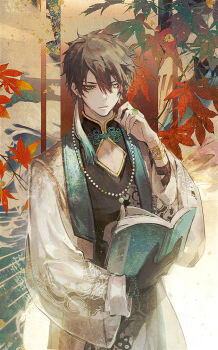 Rule 34 | 1boy, :/, above-cleavage cutout, alternate costume, aqua eyes, autumn leaves, bangle, bead bracelet, bead necklace, beads, black gloves, black hair, black robe, book, bracelet, branch, chinese clothes, chinese commentary, closed mouth, clothing cutout, coat, colored lapels, commentary request, dan heng (honkai: star rail), dywx poison, earrings, expressionless, eyeliner, gloves, gradient background, hair between eyes, hand to own mouth, hand up, holding, holding book, honkai: star rail, honkai (series), jewelry, lapels, leaf, long sleeves, looking at viewer, makeup, male focus, maple leaf, necklace, open book, red background, red eyeliner, ring, robe, see-through clothes, see-through sleeves, short hair, single earring, single glove, solo, standing, tassel, tassel earrings, tassel necklace, waves, white background, white coat
