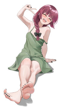1girl absurdres barefoot blush bocchi_the_rock! braid closed_eyes feet highres hiroi_kikuri long_hair mimiminano open_mouth red_hair sharp_teeth single_braid soles strap_slip teeth toes v