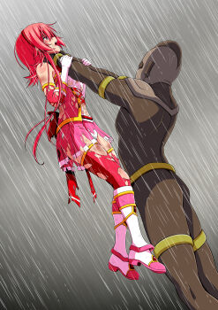 1boy 1girl absurdres abuse arms_up asphyxiation back_bow battle beaten blush body_blush bodysuit boots bow breasts brown_bodysuit brown_helmet bruise bruise_on_arm bruise_on_face bruise_on_leg bruise_on_stomach character_request clover_rose collared_dress detached_sleeves dirty dirty_clothes dress elbow_gloves fainting feet_out_of_frame fighting from_side full_body gloves hairband half-closed_eyes hands_on_another's_arms hands_on_another's_neck hanging_legs height_difference helmet highres huge_bow immobilization injury knee_boots koeda0111 lace lace-trimmed_dress lace_trim lifting_person long_sidelocks magical_girl miniskirt multicolored_footwear multicolored_skirt navel neck_lift open_mouth original outdoors pain panties pantyshot peril pink_boots pink_dress pink_eyes pink_gloves pink_hair pink_skirt pink_sleeves pink_thighhighs pleated_skirt profile rain red_bow red_hairband ryona scratches short_dress short_hair_with_long_locks skirt sleeveless sleeveless_dress slim_legs small_breasts storm strangling tall_male thighhighs torn torn_clothes torn_dress torn_skirt torn_thighhighs trembling underwear utsugi_chisaki very_long_sidelocks violence wet yotsuba_no_senki_clover_rose zettai_ryouiki