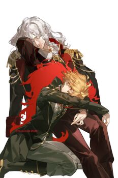 1boy 1girl artist_name black_boots black_coat black_jacket blonde_hair boots chinese_commentary closed_eyes closed_mouth coat coat_on_shoulders collared_shirt colored_eyelashes commentary_request don_quixote_(project_moon) epaulettes feather_boa gold gold_trim grey_pants hair_between_eyes highres jacket knee_boots krab_(fumekrab) la_manchaland's_don_quixote_(project_moon) lap_pillow leaning_on_person limbus_company long_hair long_sleeves looking_at_viewer medallion open_clothes open_coat pants project_moon red_eyes red_pants sancho_(project_moon) shirt short_hair simple_background sitting smile wavy_hair white_background white_hair white_shirt