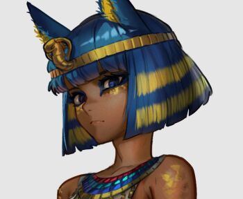 1girl ancient_egyptian ancient_egyptian_clothes animal_crossing animal_ears ankha_(animal_crossing) armlet armpit_crease backlighting bare_shoulders belt blonde_hair blue_hair blunt_bangs blunt_ends bob_cut breasts cat_ears cat_girl cat_tail closed_mouth cropped daniel_deng dark-skinned_female dark_skin dress eye_of_horus eyelashes eyes_visible_through_hair facial_tattoo gradient_background humanization jewelry looking_at_viewer multicolored_hair nintendo parted_lips purple_eyes ribs see-through_silhouette shiny_skin short_hair sideboob simple_background slit_pupils solo tail tattoo two-tone_hair upper_body usekh_collar white_dress