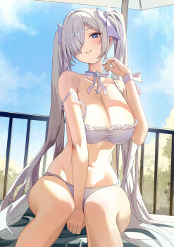 1girl absurdres bikini blue_eyes blue_sky breasts cinderella_(nikke) cleavage commentary goddess_of_victory:_nikke hair_over_one_eye hallo_(rltkdydrltk) highres large_breasts long_hair navel sitting sky solo stomach swimsuit thighs twintails very_long_hair white_bikini white_hair