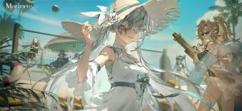 Rule 34 | 1boy, 4girls, absurdres, artist request, ball, bandages, bandages over eyes, beach, beach umbrella, beach volleyball, black dress, black nails, blue sky, brown hair, brown one-piece swimsuit, closed mouth, commentary, copyright name, curtained hair, day, detached sleeves, doll joints, dress, english commentary, erica (morimens), facing viewer, finger on trigger, frilled one-piece swimsuit, frilled sleeves, frills, gun, hat, high ponytail, highres, holding, holding gun, holding weapon, innertube, joints, kathigu-ra (morimens), long hair, morimens, multicolored hair, multiple girls, nail polish, official art, one-piece swimsuit, outdoors, palm tree, pandia (morimens), ponytail, promotional art, ramona (morimens), red hair, sky, solo focus, standing, straw hat, streaked hair, sunglasses, swim ring, swimsuit, tentacles, tree, tulu (morimens), twintails, umbrella, volleyball net, w, weapon, white dress, white hair, yellow eyes