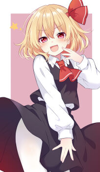 1girl ascot black_vest blonde_hair blush collared_shirt commentary fang frilled_shirt_collar frills hair_ribbon highres long_sleeves looking_at_viewer open_mouth pantyhose red_ascot red_eyes red_ribbon ribbon rumia shirt skin_fang skirt skirt_set smile solo star-shaped_pupils star_(symbol) symbol-shaped_pupils tanaka_shoushou_fumimaro touhou vest white_pantyhose white_shirt