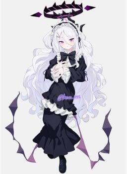 1girl ahoge beko_(beco_1122) black_halo blue_archive blush commentary_request demon_girl demon_horns demon_wings dress full_body halo highres hina_(blue_archive) horns long_hair looking_at_viewer low_wings maid_headdress purple_eyes simple_background solo very_long_hair white_hair wings
