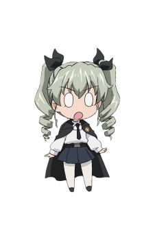 0_0 1girl :o anchovy_(girls_und_panzer) angry anzio_school_uniform black_necktie black_shoes black_skirt blush cape chibi drill_hair full_body girls_und_panzer girls_und_panzer_motto_love_love_sakusen_desu! grey_hair hair_ribbon highres long_hair necktie official_art open_mouth pantyhose ribbon school_uniform shirt shoes skirt solo transparent_background twintails white_pantyhose white_shirt