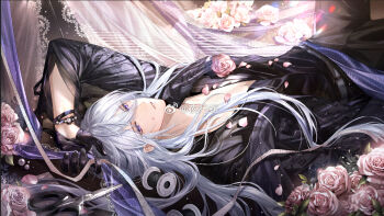 Rule 34 | 1boy, belt, black belt, black gloves, black jacket, black pants, black shirt, bracelet, cael anselm, cael anselm (proverb of the ages), chinese commentary, commentary request, cowboy shot, dress, fabric, flower, gem, gloves, hair between eyes, jacket, jewelry, light smile, long hair, long hair between eyes, long sleeves, looking at viewer, lovebrush chronicles, lying, male focus, mannequin, official art, on back, open clothes, open jacket, pants, parted lips, partially unbuttoned, patterned clothing, pearl (gemstone), pearl bracelet, petal on body, petal on face, petals, pink flower, pink petals, pink rose, purple eyes, reflection, ribbon spool, rose, rose petals, scissors, shirt, sleeve slit, solo, spool, tape measure, unworn dress, very long hair, watermark, weibo watermark, white hair, yexing fu