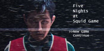 1boy black_eyes black_hair dialogue_options english_text five_nights_at_freddy's glitch green_shirt highres journnen looking_at_viewer male_focus parody portrait red_vest seong_gi-hun serious shirt short_hair solo squid_game title_parody vest