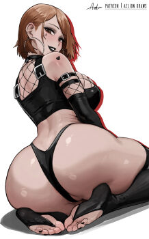 1girl absurdres aelion_draws arm_tattoo ass black_eyeliner black_lips black_nails black_panties black_shirt black_thighhighs breasts bridal_legwear brown_eyes brown_hair crop_top curvy earrings eyeliner facial_mark feet fishnets goth_fashion heart heart_tattoo highres hoop_earrings jewelry jujutsu_kaisen kugisaki_nobara large_breasts looking_back makeup nail_polish no_shoes panties seiza shirt short_hair sitting soles solo tattoo thick_thighs thighhighs thighs toenail_polish toenails toes underwear