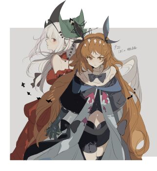 2girls aqua_hat arknights black_bow black_bowtie black_capelet black_ribbon black_shorts bow bowtie brown_hairband capelet cowboy_shot e.g.o_(project_moon) fish fish_hair_ornament green_eyes hair_ornament hair_ribbon hairband hashtag-only_commentary hat highres ishmael_(project_moon) limbus_company long_hair looking_at_viewer multiple_girls off-shoulder_capelet orange_hair project_moon ribbon rope shorts skadi_(arknights) skadi_the_corrupting_heart_(arknights) tetetebi tidal_elegy_(e.g.o) very_long_hair