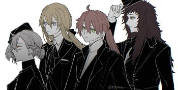 Rule 34 | 1girl, 3755km, 3boys, absurdres, ahoge, alternate costume, alternate hairstyle, arm up, black hat, black jacket, black ribbon, blonde hair, blue eyes, braid, breast pocket, bright pupils, brown hair, chromatic aberration, closed eyes, closed mouth, collared shirt, colored eyelashes, commentary request, earrings, fate/grand order, fate (series), formal clothes, funeral veil, green eyes, grey hair, hair between eyes, hair bun, hair ribbon, hand on headwear, hat, highres, jacket, jewelry, kirschtaria wodime, lev lainur flauros, long hair, long sleeves, looking ahead, low ponytail, multiple boys, neck ribbon, official alternate hairstyle, olga marie animusphere, orange hair, pocket, ponytail, profile, ribbon, romani archaman, shirt, simple background, single hair bun, stud earrings, top hat, twitter username, upper body, veil, white background, white pupils, white shirt, yellow eyes