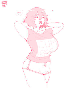 1girl absurdres arms_behind_head arms_up artist_name ass astrid_(norman_maggot) breasts clothes_writing collarbone dolphin_shorts gaping hair_between_eyes highres huge_breasts monochrome norman_maggot original pants shirt short_hair short_sleeves shorts solo speech_bubble standing stretching tears teeth thick_eyebrows thighs tongue