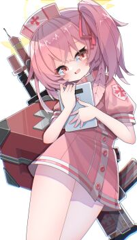 blue_archive chart dress first_aid_kit gun hair_ribbon hat highres nurse nurse_cap pink_eyes pink_hair ribbon serina_(blue_archive) serina_(nurse)_(blue_archive) thighs veni_tsubaki weapon