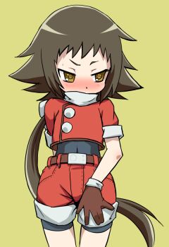 1girl belt bike_shorts bike_shorts_under_shorts blush brown_gloves brown_hair cosplay covered_navel cropped_jacket gloves jacket long_hair mega_man_(series) mega_man_legends_(series) mikakunin_de_shinkoukei mitsumine_mashiro muu_(mumumer) ponytail red_jacket red_shorts roll_caskett_(mega_man) short_sleeves shorts simple_background solo spandex yellow_eyes