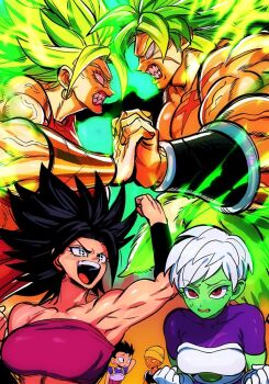 3boys 3girls angry armpits aura black_eyes black_hair bracer breasts broly_(dragon_ball_super) cabba caulifla cheelai cheering colored_skin dragon_ball dragon_ball_super fangs fighting gloves green_skin kale_(dragon_ball) large_breasts lemo_(dragon_ball) limer0 multiple_boys multiple_girls muscular muscular_female muscular_male nanika_(nnkgh) open_mouth orange_skin red_eyes short_hair smile spiked_hair topless_male