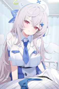 1boy 1girl angel armband beatrixa_(stella_sora) belt black_belt blue_armband blue_bow blue_necktie blue_skirt bow bow_panties bra_visible_through_clothes bulge commentary_request cross_hair_ornament deyui disgust erection erection_under_clothes feathered_wings green_halo grey_hair grimace hair_bow hair_ornament halo hat head_tilt heart highres necktie nurse nurse_cap panties panties_visible_through_clothes precum precum_through_clothes red_eyes shirt skirt solo_focus stella_sora sweat thigh_gap underwear white_panties white_shirt wings
