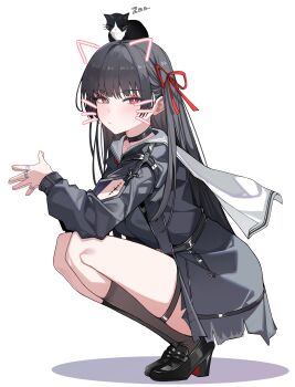 1girl absurdres animal animal_on_head arm_cutout black_choker black_hair black_jacket black_shirt black_shoes black_socks blush breasts bright_pupils cat cat_on_head chisa_(wuthering_waves) choker closed_mouth clothing_cutout commentary drawn_ears drawn_whiskers from_side full_body hair_ribbon highres jacket long_hair long_sleeves looking_at_viewer looking_to_the_side medium_breasts on_head own_hands_together oxooxo666 red_eyes red_ribbon ribbon sailor_collar shirt shoes simple_background socks solo squatting symbol-only_commentary tacet_mark_(wuthering_waves) thigh_strap thighs white_background white_pupils white_sailor_collar wuthering_waves