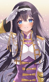 1girl absurdres black_hair blue_eyes code_geass code_geass:_lost_stories gloves hairband hand_up highres long_hair looking_at_viewer maya_disel salute solo tagme upper_body white_gloves