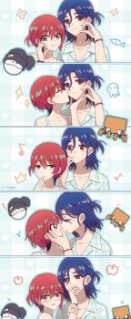 1boy 1girl absurdres amate_yuzuriha aqua_eyes beanie blue_hair blush colored_inner_hair conch_(gundam) gundam gundam_gquuuuuux half_updo haro hat heart_cheeks hetero highres kiss kissing_cheek multicolored_hair non-humanoid_robot open_mouth pom_pom_(clothes) pom_pom_beanie purple_hair red_eyes red_hair robot sequential short_hair shuji_ito smile sweatdrop two-tone_hair yi535015