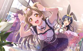 Rule 34 | 2girls, :d, animal ear hairband, animal ears, blue hair, blush, bow, breasts, brown hair, dress, fake animal ears, frilled dress, frills, game cg, hair bow, hairband, highres, indoors, leaning forward, long hair, looking at viewer, love live!, love live! school idol festival 2, love live! school idol project, minami kotori, multiple girls, official art, open mouth, orange eyes, pink bow, rabbit ear hairband, rabbit ears, rabbit pose, short sleeves, smile, sonoda umi, sparkle, standing, third-party source, white wrist cuffs, wrist cuffs