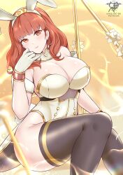Rule 34 | 1girl, absurdres, adapted costume, animal ears, artist logo, artist name, bare shoulders, black thighhighs, breasts, celica (fire emblem), cleavage, detached collar, fake animal ears, fire emblem, fire emblem echoes: shadows of valentia, gloves, gold trim, hand on own face, highleg, highleg leotard, highres, kaos art, large breasts, leotard, nintendo, patreon username, playboy bunny, rabbit ears, red eyes, red hair, sitting, solo, strapless, strapless leotard, thighhighs, white gloves, white leotard, zettai ryouiki