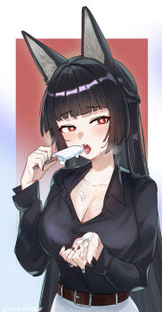 1girl absurdres alternate_costume animal_ears artist_name belt black_nails black_shirt blunt_bangs border braid breasts bright_pupils brown_belt casual chinese_commentary cleavage collarbone collared_shirt commentary_request cowboy_shot dated dress_shirt film_grain food fox_ears fox_girl hair_over_shoulder half_up_braid hands_up heart heart-shaped_pupils highres hime_cut holding holding_food holding_popsicle hoshimi_miyabi large_breasts long_hair looking_at_viewer melting_popsicle nail_polish open_mouth outside_border popsicle red_background red_eyes sexually_suggestive shangdi_de_fa_zhang shirt sidelocks simple_background solo straight_hair suggestive_fluid sweat symbol-shaped_pupils teeth tongue tongue_out tsurime upper_teeth_only very_long_hair white_border white_pupils zenless_zone_zero
