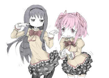 Rule 34 | 2girls, akemi homura, arsenixc, bad deviantart id, bad id, black eyes, black hair, black pantyhose, black skirt, blush, bow, bowtie, brown vest, collared vest, hair ribbon, hatching (texture), juliet sleeves, kaname madoka, linear hatching, long hair, long sleeves, mahou shoujo madoka magica, mitakihara school uniform, motion lines, multiple girls, open mouth, pantyhose, pink eyes, pink hair, plaid clothes, plaid skirt, pleated skirt, pointing, pointing at another, puffy sleeves, red bow, red ribbon, ribbon, school uniform, short hair, skirt, smile, thighhighs, twintails, vest, white background, white thighhighs, zettai ryouiki