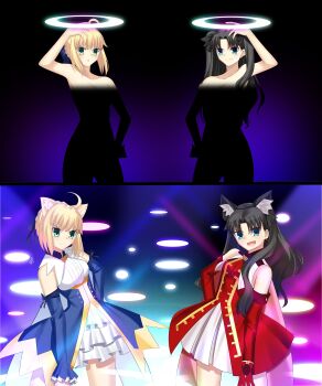 2girls absurdres animal_ears artoria_pendragon_(fate) black_hair blonde_hair blue_dress cape cat_ears detached_sleeves dress earrings fate/stay_night fate_(series) gloves green_eyes halo henshin highres jewelry kaleido_ruby long_hair magical_girl multicolored_halo multiple_girls rainbow_halo red_dress red_gloves rey_r31_44 saber_(fate) smile tohsaka_rin toosaka_rin two_side_up