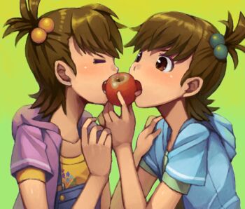 00s 2girls apple bad_drawr_id bad_id brown_eyes brown_hair closed_eyes drawr eating flipped_hair food fruit futami_ami futami_mami goe hair_bobbles hair_ornament hood hoodie idolmaster idolmaster_(classic) multiple_girls overalls sharing short_hair siblings side_ponytail simple_background sisters tongue twins