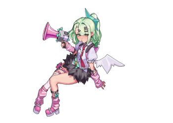 1girl bandaid bandaid_hair_ornament black_skirt chinatsu_remiel commentary dated_commentary earrings full_body fur-trimmed_skirt fur_trim green_eyes green_hair hair_ornament heart heart_hair_ornament holding holding_megaphone invisible_chair jewelry leg_warmers looking_at_viewer megaphone mrdog_2000 multiple_hair_clips multiple_thigh_straps musical_note_earrings necktie open_mouth pink_arm_warmers pink_bag pink_leg_warmers pink_shoes ponytail red_necktie shirt shoes simple_background sitting skirt solo striped_arm_warmers striped_leg_warmers thigh_strap white_background white_shirt white_wings winged_bag wings zenless_zone_zero