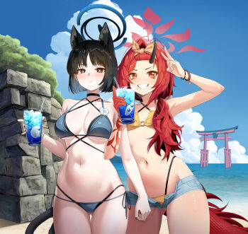 Rule 34 | 2girls, animal ears, beach, bikini, black choker, black eyes, black hair, blue archive, blue bikini, blue halo, blue shorts, blue sky, breasts, cat ears, cat girl, cat tail, choker, cup, day, dragon tail, drinking glass, grin, halo, highres, holding, holding cup, horns, kikyou (blue archive), kikyou (swimsuit) (blue archive), large breasts, long hair, micro shorts, multiple girls, outdoors, red eyes, red hair, red halo, renge (blue archive), renge (swimsuit) (blue archive), short hair, shorts, single horn, sky, smile, swimsuit, tail, v, yellow bikini, yuhito (vlack1492)