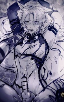 2boys anal animal_ear_fluff animal_ears blush censored cum ears_down fox_boy fox_ears fox_tail greyscale hand_on_another&#039;s_leg heterochromia highres kuya_(nu_carnival) legs_apart male_focus male_penetrated monochrome multiple_boys nu_carnival penis pointless_censoring pov pov_hands purple_eyes scar scar_on_chest shirt short_hair spread_legs tail testicles thumb_in_mouth torn_clothes torn_shirt yadome810 yaoi yellow_eyes