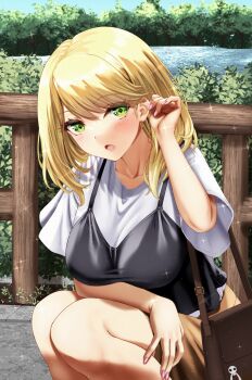 1girl absurdres adjusting_hair breasts brown_background brown_skirt camisole camisole_over_clothes commentary_request feet_out_of_frame green_eyes hair_behind_ear highres koi_wa_sekai_seifuku_no_ato_de large_breasts looking_at_viewer magahara_desumi medium_hair open_mouth pink_nails shirt skirt solo squatting tks_(tksmk3) white_shirt