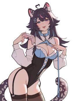 1girl ahoge animal_ears black_fur black_hair black_leotard black_thighhighs blue_eyes blue_hair braid breasts cleavage cleavage_cutout clothing_cutout colored_inner_hair commission controller game_controller garter_straps hair_ornament hairpin heart heart_ahoge heterochromia highres holding holding_controller holding_game_controller large_breasts leotard long_sleeves looking_at_viewer multicolored_fur multicolored_hair multiple_hairpins original panther_ears panther_girl panther_tail pink_eyes pink_hair quilm shoulder_cutout simple_background smile solo spotted_fur standing tail thighhighs tongue tongue_out white_background white_fur