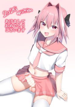 1boy 2026 astolfo_(fate) astolfo_(sailor_paladin)_(fate) bar_censor black_bow blush bow bulge censored commentary_request crop_top crossdressing crossdressing_(mtf) erection fang fate/grand_order fate_(series) gradient_background hair_between_eyes hair_bow hair_intakes highres kitajima_yuuki long_hair looking_at_viewer male_focus midriff multicolored_hair navel neckerchief official_alternate_costume open_mouth panties partial_commentary penis pink_background pink_hair pink_neckerchief pink_sailor_collar pink_skirt sailor_collar school_uniform shirt skin_fang skirt solo streaked_hair testicles thighhighs trap underwear white_hair white_panties white_shirt white_thighhighs