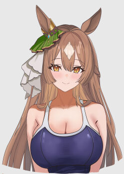 1girl animal_ears blue_one-piece_swimsuit blush bow braid breasts brown_hair cleavage closed_mouth commentary competition_school_swimsuit double-parted_bangs ear_ornament ear_ribbon g_bael_suomi grey_background half_up_braid highres horse_ears horse_girl large_breasts long_hair looking_at_viewer multicolored_hair one-piece_swimsuit orange_eyes satono_diamond_(umamusume) school_swimsuit simple_background smile solo straight_hair swimsuit tracen_swimsuit two-tone_hair umamusume upper_body white_hair