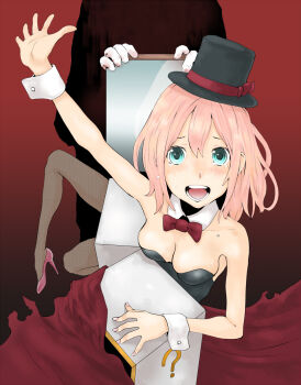 1girl aqua_eyes assistant bad_id bad_pixiv_id bare_shoulders borrowed_character bow bowtie breasts cleavage detached_collar female_focus fishnet_pantyhose fishnets hat high_heels leotard magic_trick magician medium_breasts open_mouth original pantyhose pink_hair saw_in_half solo takagi_(tansuke) tamaoki_benkyou tears top_hat wrist_cuffs