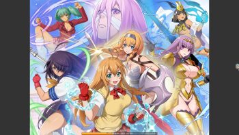 Rule 34 | 6+girls, bandages, black hair, blonde hair, blue eyes, breasts, claudette (queen's blade), cleavage, crossover, fingerless gloves, gloves, green eyes, green hair, hair over one eye, highres, ikkitousen, kan'u unchou, large breasts, leina (queen's blade), long hair, menace (queen's blade), multiple girls, navel, official art, open mouth, purple eyes, purple hair, queen's blade, queen's blade limit break, revealing armor, revealing clothes, ryofu housen, skirt, smile, sonsaku hakufu, takezou shinmen, twintails, underboob