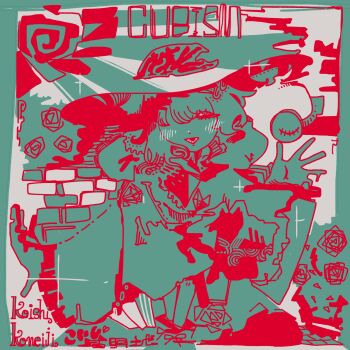 Rule 34 | 1girl, 3ma can omochi, abstract, blending, blush, commentary, english text, flat color, full body, hair over one eye, half-closed eye, hand up, hat, highres, komeiji koishi, limited palette, one eye covered, open mouth, outstretched arm, shirt, smile, solo, third eye, touhou, waving, wide sleeves