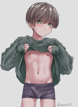 1boy blush bulge closed_mouth clothes_lift cropped_legs green_eyes grey_background highres koriina long_sleeves looking_at_viewer male_focus navel nipples original shirt shirt_lift short_hair solo sweatdrop underwear