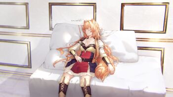 Rule 34 | 1girl, absurdres, adapted costume, armor, artist name, belt, black dress, boots, breastplate, breasts, brown armor, brown belt, brown boots, brown hair, cleavage, closed eyes, closed mouth, collarbone, collared dress, cowboy shot, dress, drill hair, eaxlightway, eyelashes, facing away, facing to the side, fur-trimmed armor, fur trim, hand on own stomach, hashtag-only commentary, highres, indoors, long hair, long sleeves, lying, messy hair, metal arm cuffs, metal wrist cuffs, partially open dress, pauldrons, pinstripe dress, pinstripe pattern, raphtalia, short dress, shoulder armor, single pauldron, sleeping, sleeveless, sleeveless dress, solo, tate no yuusha no nariagari, thigh boots, thighhighs, twin drills, two-tone dress, vambraces, watermark, white dress, zettai ryouiki