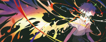 1boy absurdres bare_arms belt blood blurry breast_pocket chinese_commentary closed_eyes collared_shirt commentary_request depth_of_field disembodied_head from_side grey_hair halo highres liquid liquid_wings mai_nanhai_de_xiao_zongcai male_focus marble_(toy) nagisa_kaworu neon_genesis_evangelion parted_lips pocket profile school_uniform shirt short_sleeves solo undershirt upper_body wings