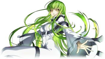 1girl arms_up blurry breasts c.c. code_geass code_geass:_lost_stories collarbone f4samurai full_body game_cg green_hair highres jacket lancelot_(code_geass) long_hair long_sleeves looking_at_viewer medium_breasts official_art parted_lips reaching reaching_towards_viewer shoes sidelocks simple_background solo teeth transparent_background very_long_hair white_jacket white_shoes wide_sleeves yellow_eyes