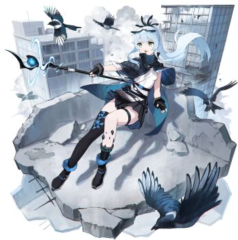1girl :o absurdres ammunition_pouch ankle_socks apron arm_up asymmetrical_legwear belt belt_around_waist belt_pouch bird black_belt black_boots black_cape black_capelet black_feathers black_gloves black_skirt black_socks black_thighhighs blue_belt blue_cape blue_capelet blue_hair blue_thighhighs boots bracelet breasts buckle building cape capelet character_request city collared_cape collared_capelet commentary diorama dot_nose double-parted_bangs english_commentary feather_hair_ornament feathers feet_up fingerless_gloves floating floating_cape floating_clothes floating_hair flying full_body furrowed_brow gloves green_eyes hair_between_eyes hair_intakes hair_ornament high-waist_skirt high_ponytail highres holding holding_staff indie_virtual_youtuber jewelry knees_together_feet_apart leaning_back legband long_eyelashes long_hair long_sidelocks looking_ahead loose_belt mage_staff magic miniskirt multicolored_thighhighs open_hand open_mouth pavement pleated_skirt pointing_melee_weapon ponytail pouch quilted_cape quilted_capelet rebar rubble ruins see-through_capelet see-through_clothes shadow shirt sidelocks simple_background single_thighhigh skindentation skirt sleeveless sleeveless_shirt small_breasts smoke snap-fit_buckle socks solo staff stone_wall teeth thick_eyelashes thigh_strap thighhighs thighs turtleneck two-sided_cape two-sided_capelet two-sided_fabric two-tone_capelet two-tone_thighhighs upper_teeth_only v-shaped_eyebrows vertigris virtual_youtuber waist_apron white_apron white_background white_shirt